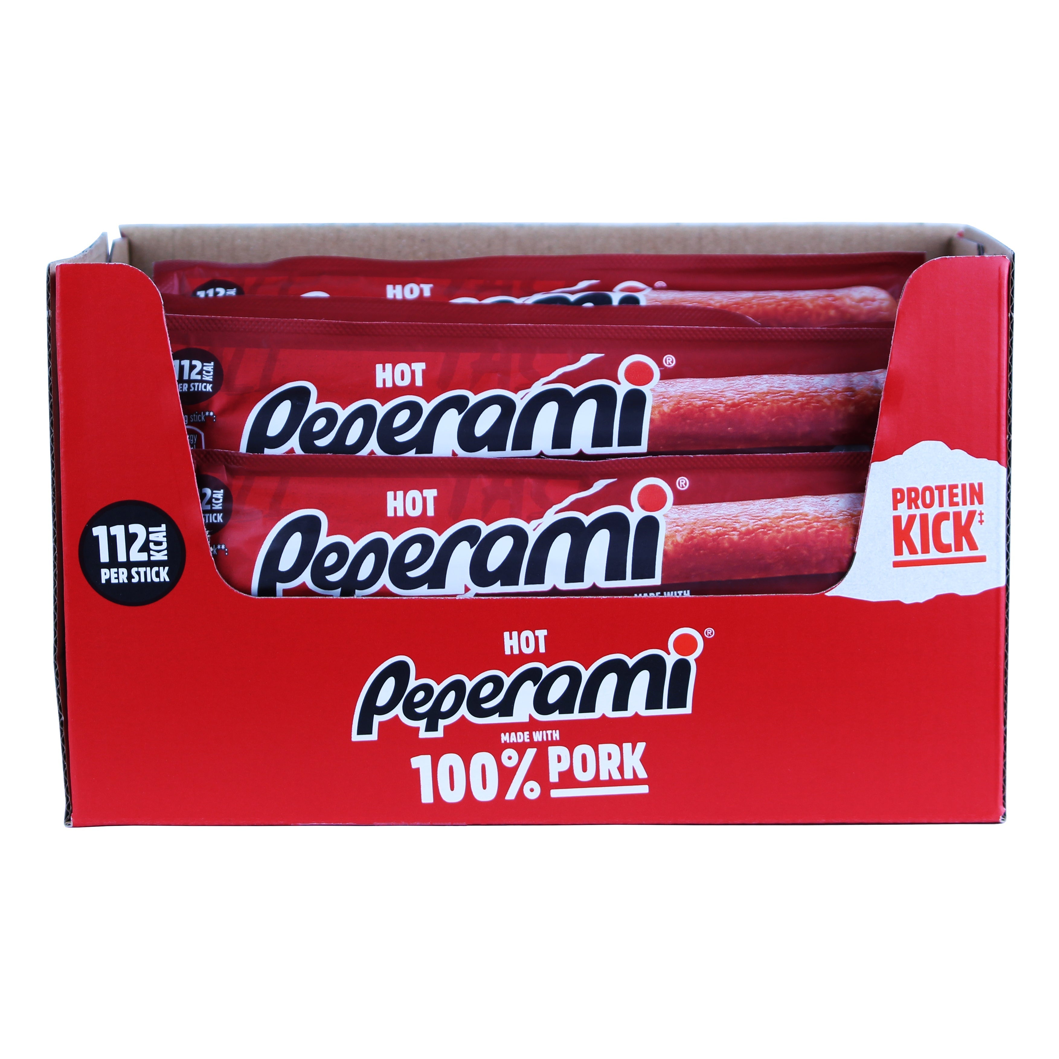 Hot Peperami salami pork sticks with 112 kcal each for a protein kick snack
