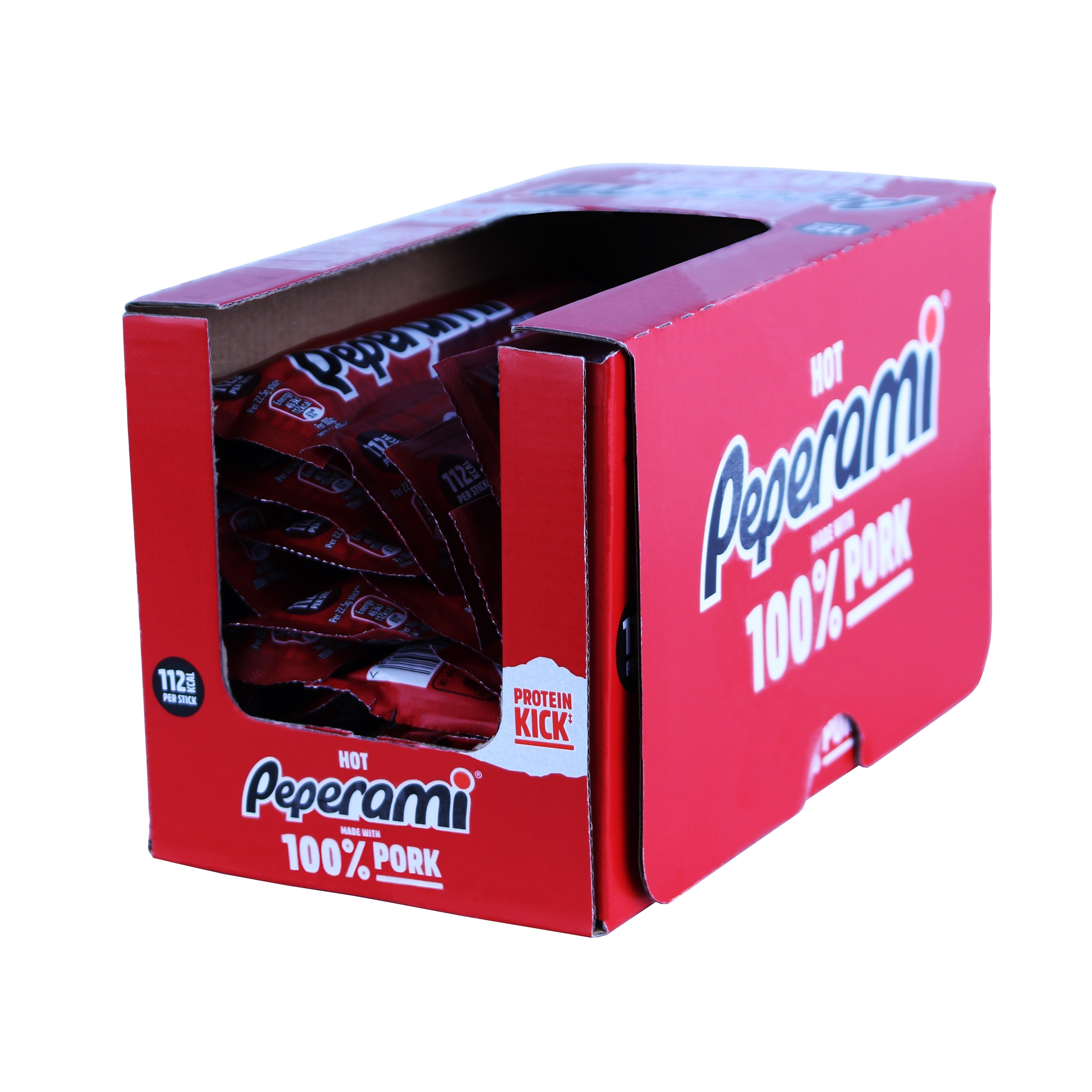 Display box of Hot Peperami 100% Pork snacks for Peperami Salami lovers