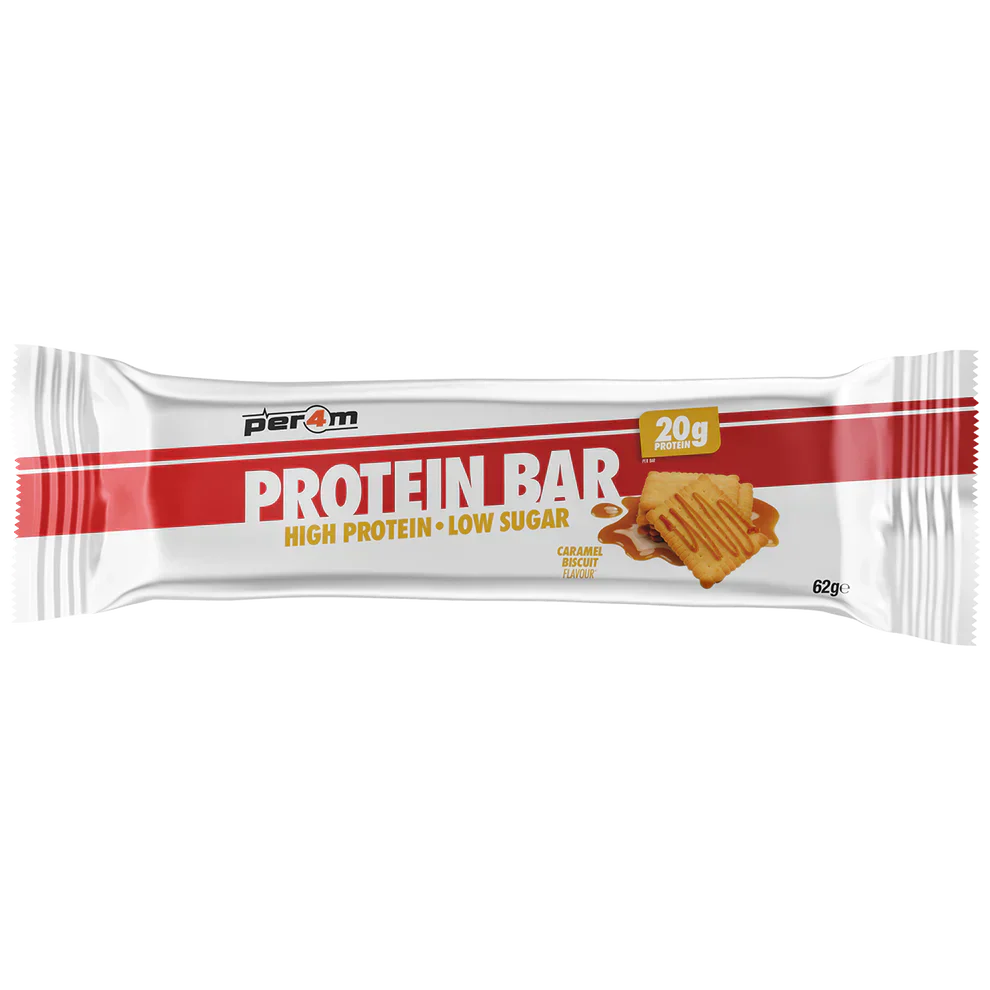 Per4m Protein Bar in caramel biscuit flavor, packed white and red packaging