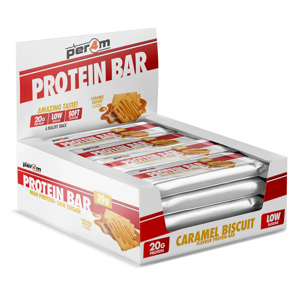 Display of Per4m Protein Bar caramel biscuit flavor with 20g protein and low sugar