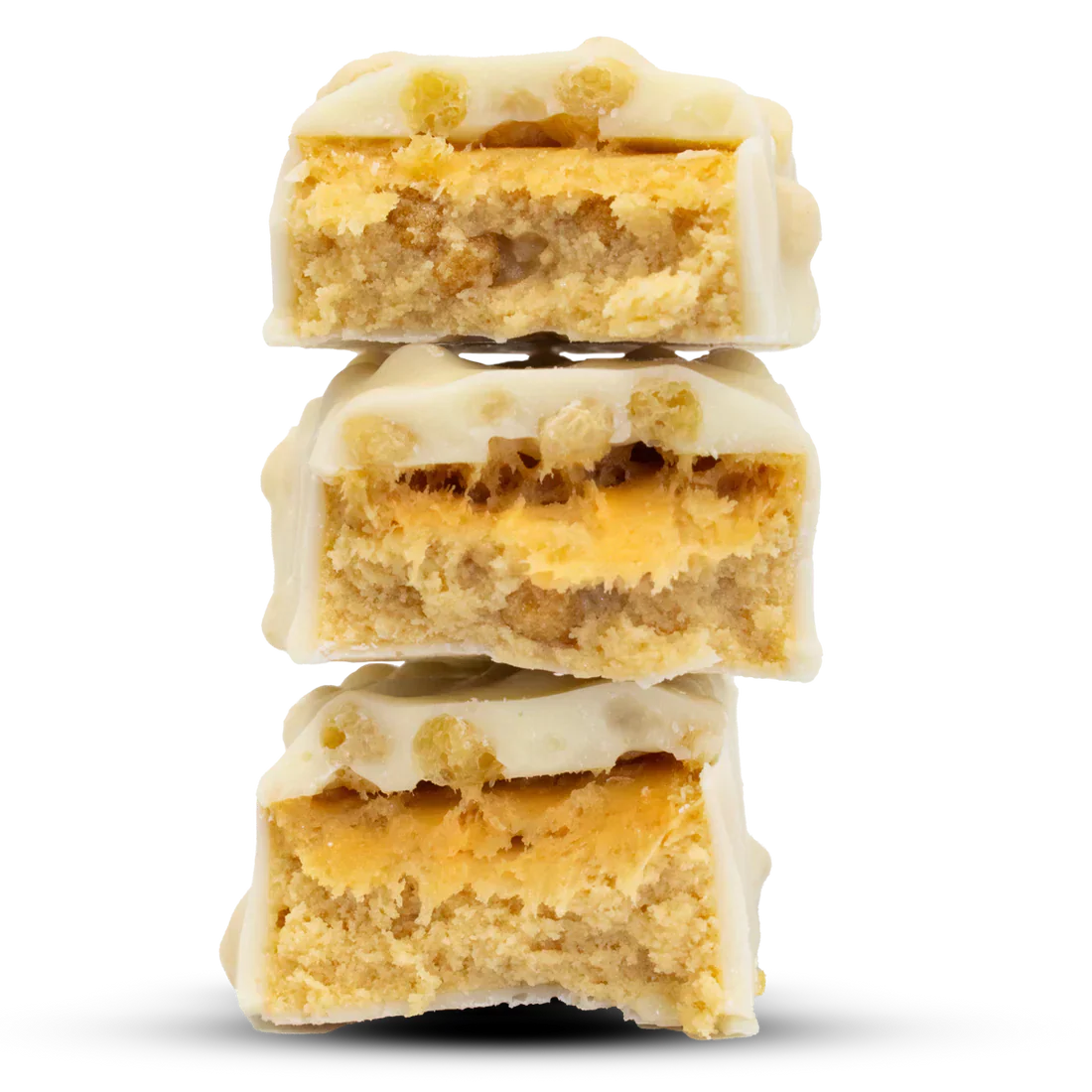 Stack of Per4m Protein Bar white chocolate peanut butter dessert bars with crunchy base