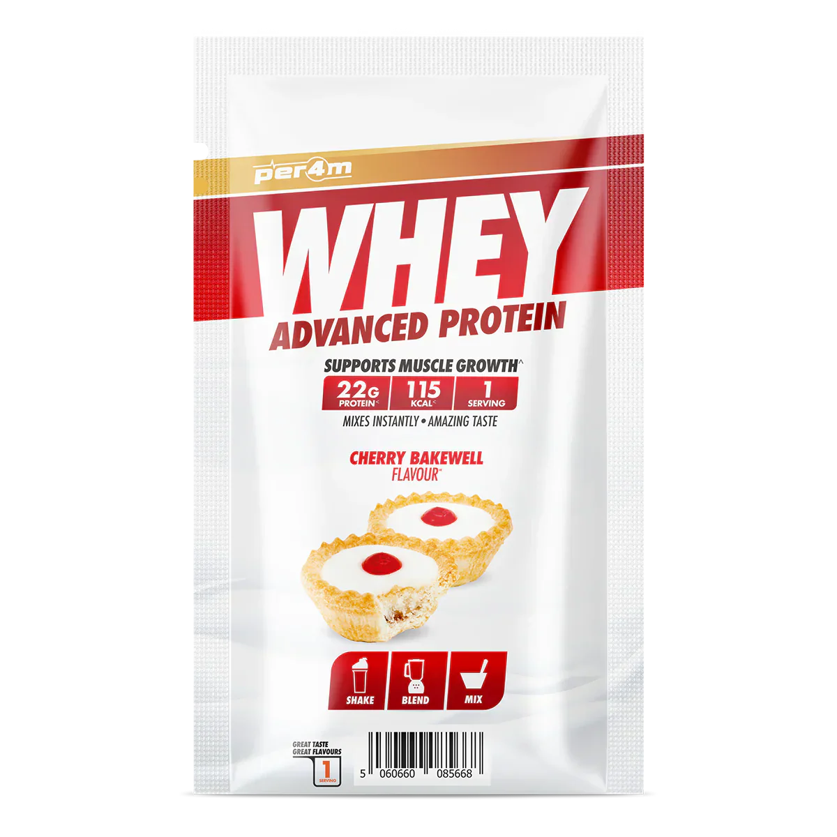 Cherry Bakewell flavored Per4m Advanced Whey Protein Sachet for a tasty boost