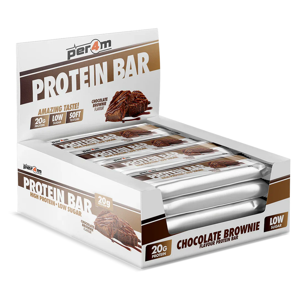 Display box of chocolate brownie Per4m Protein Bar with Per4m Protein branding