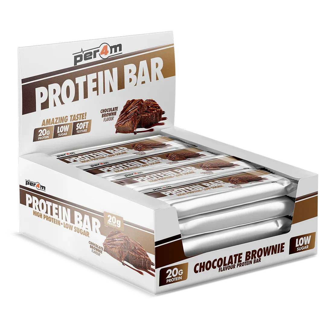 Display box of chocolate brownie Per4m Protein Bar with Per4m Protein branding