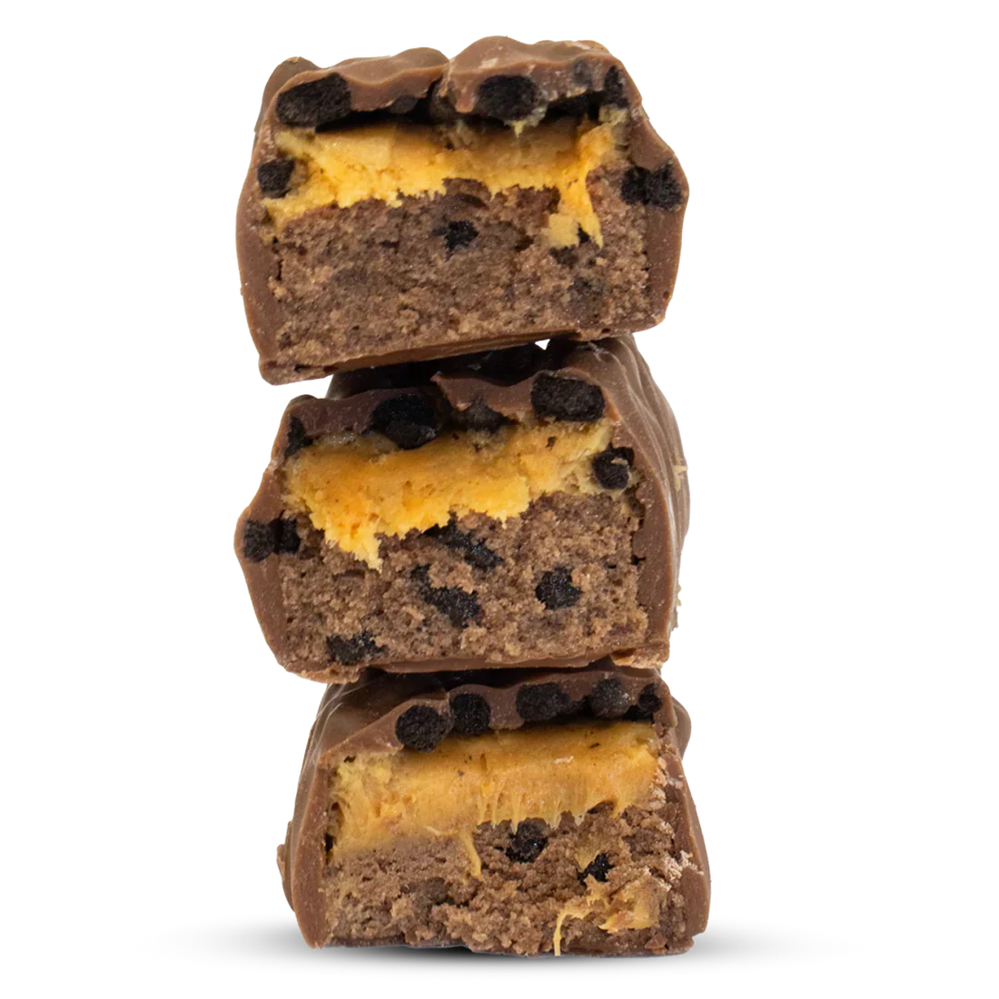 Stack of Per4m Protein Bar with orange filling and cookie topping, super tasty snack