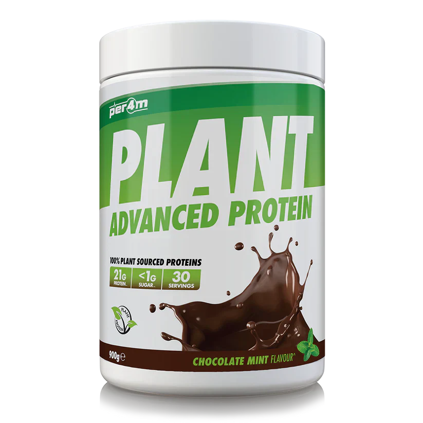 Chocolate mint plant protein powder in a white tub Per4m Plant 908g dairy free