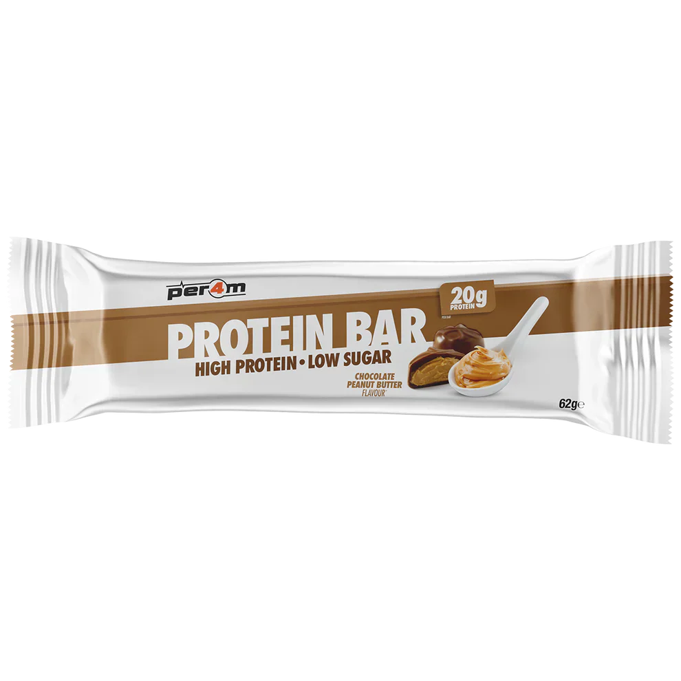 Per4m Protein Bar with chocolate peanut butter flavor, 20g protein, low sugar