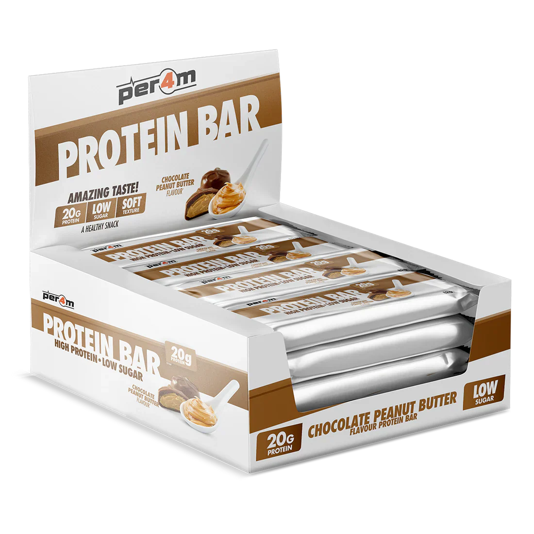 Display box of Per4m Protein Bar chocolate peanut butter flavor for a tasty workout boost