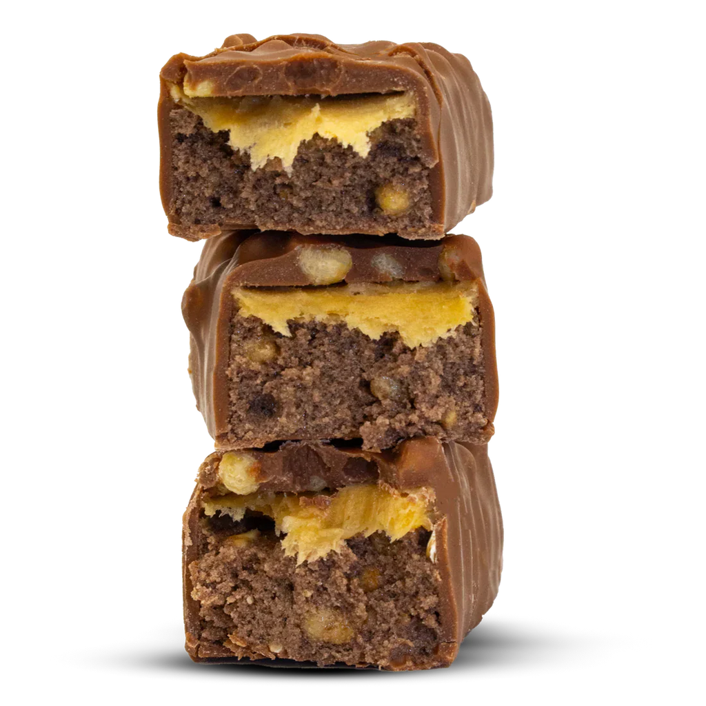 Stack of Per4m Protein Bar with chocolate coating and yellow nougat filling