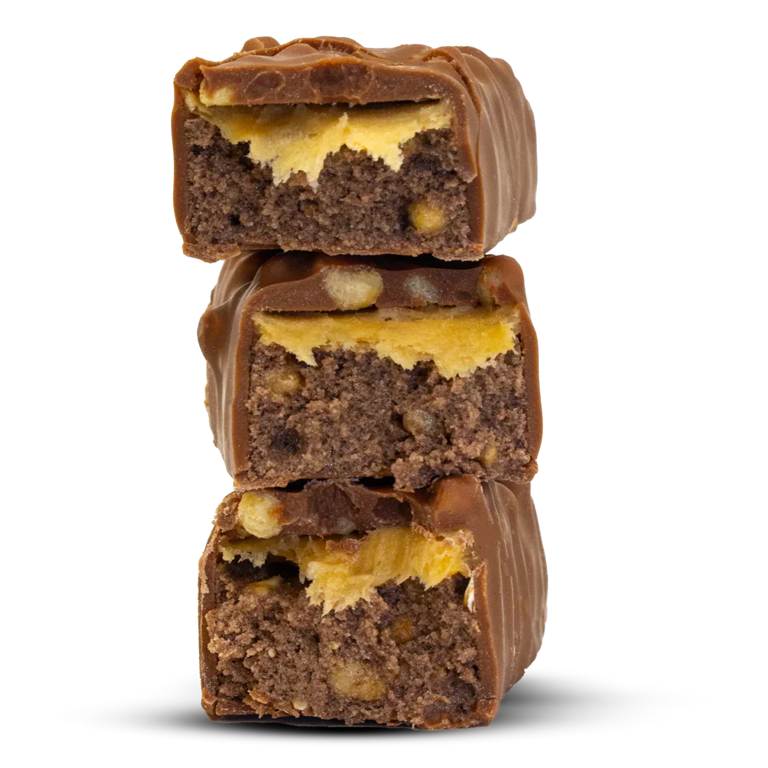 Stack of Per4m Protein Bar with chocolate coating and yellow nougat filling