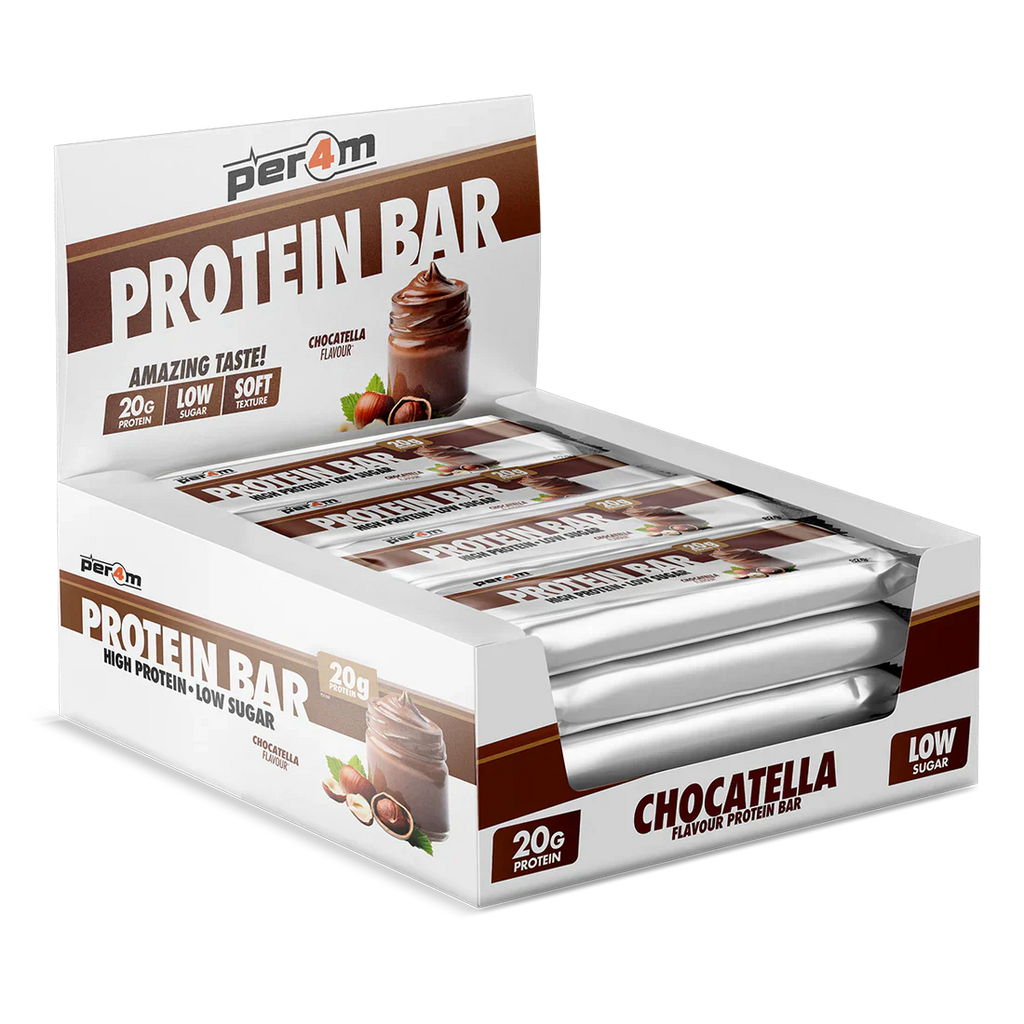 White box display of Chocatella flavored Per4m Protein Bar for Per4m Protein fans
