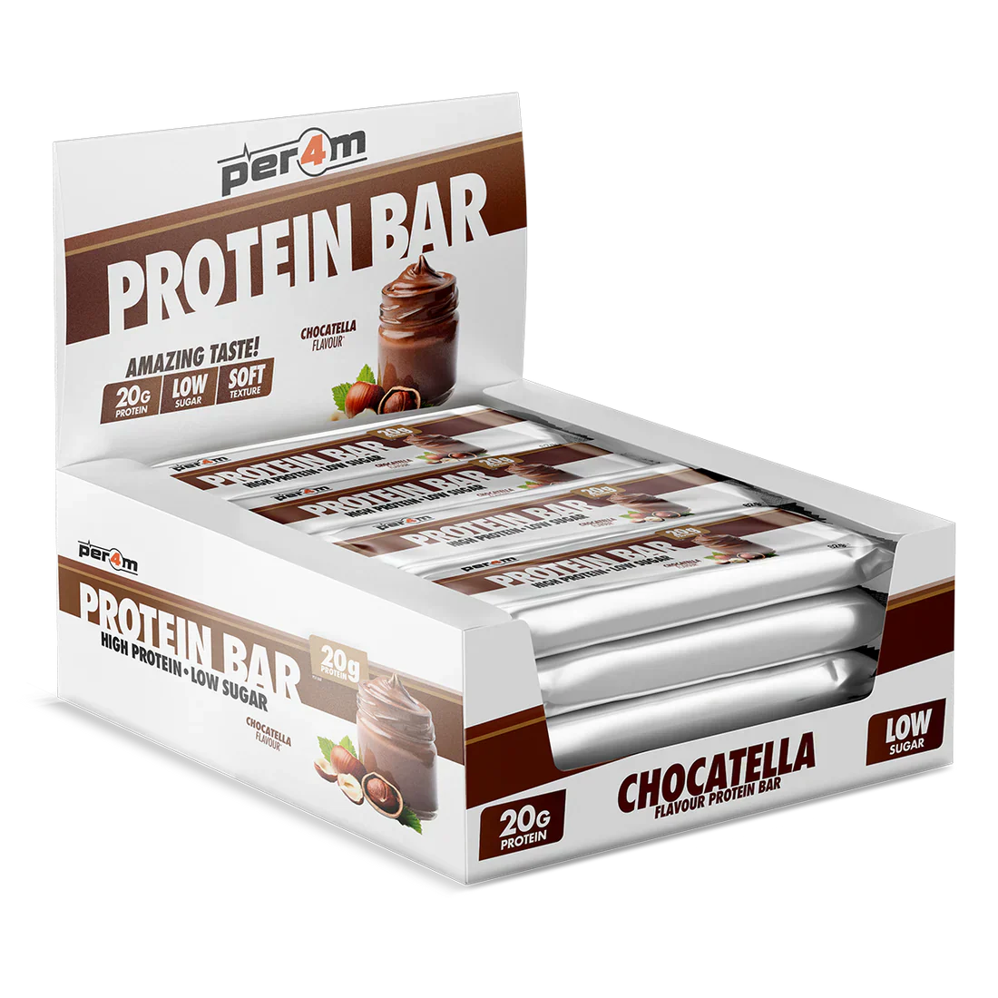 White box display of Chocatella flavored Per4m Protein Bar for Per4m Protein fans