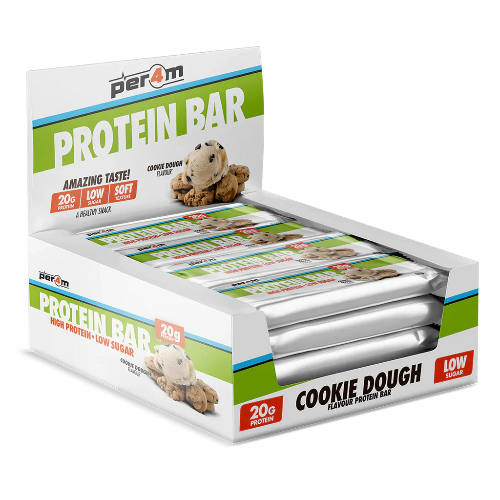 Display of Per4m Protein Bar Cookie Dough flavor with 20g protein and low sugar