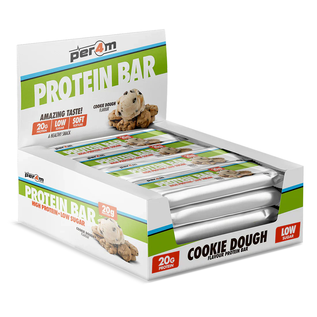 Display of Per4m Protein Bar Cookie Dough flavor with 20g protein and low sugar
