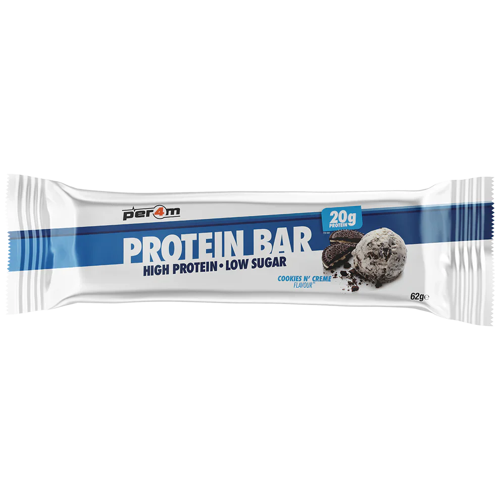 Cookies n Creme Per4m Protein Bar with 20g protein and low sugar for muscle gains