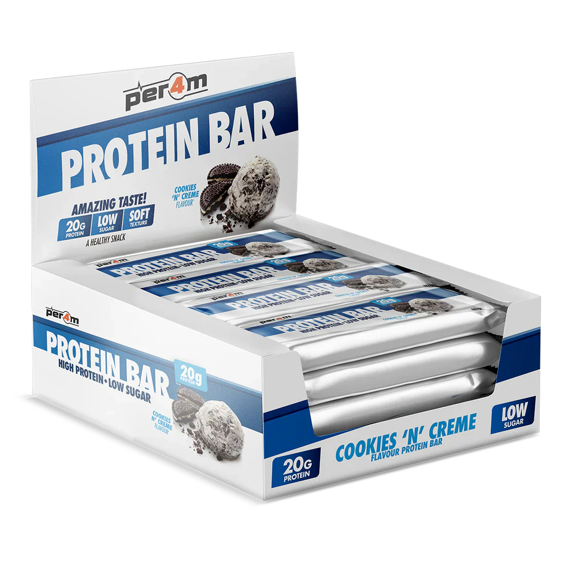 Display of Per4m Protein Bar Cookies N Creme flavor with 20g protein and low sugar