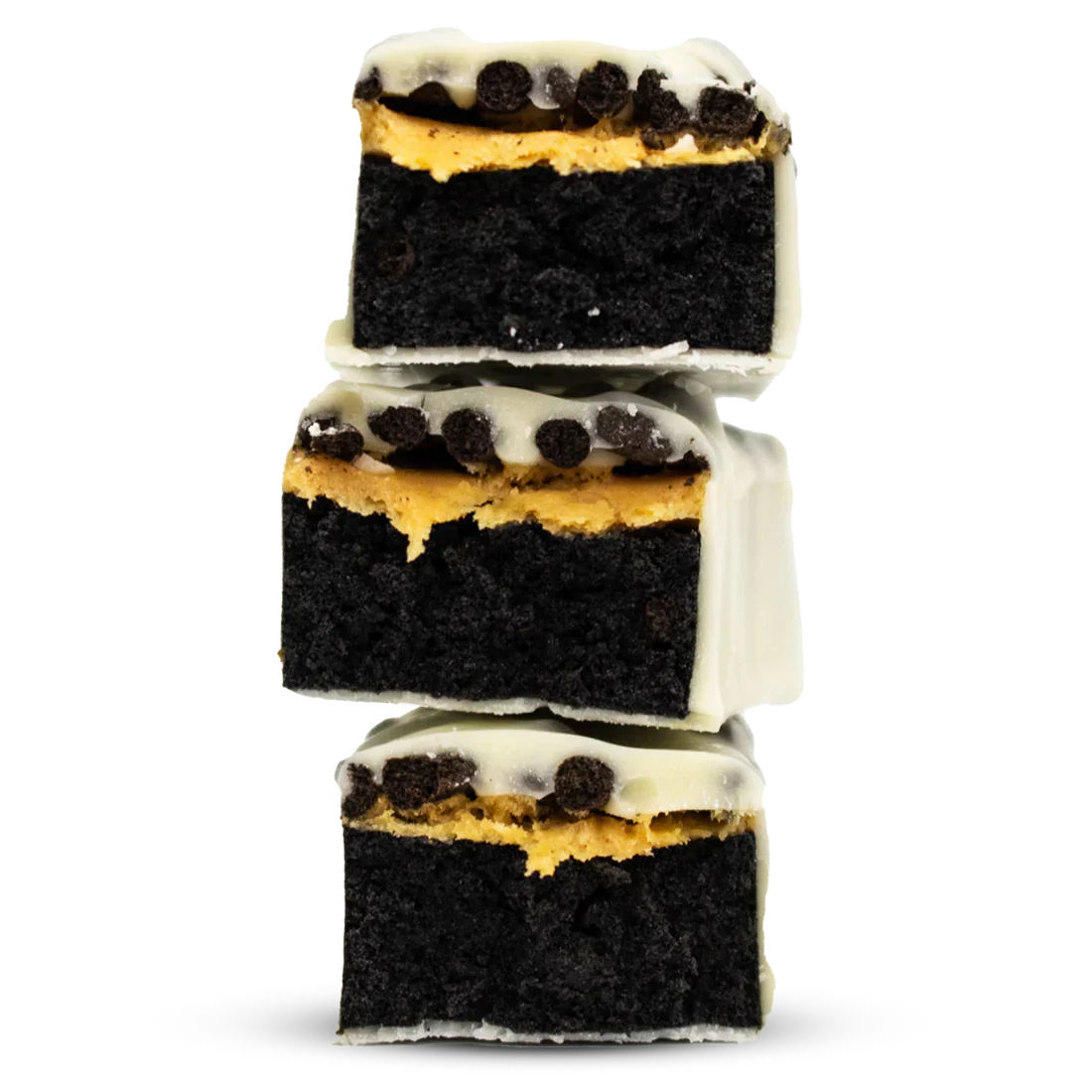 Per4m Protein Bar featuring stacked dark chocolate fudge brownies with peanut butter and white chocolate topping