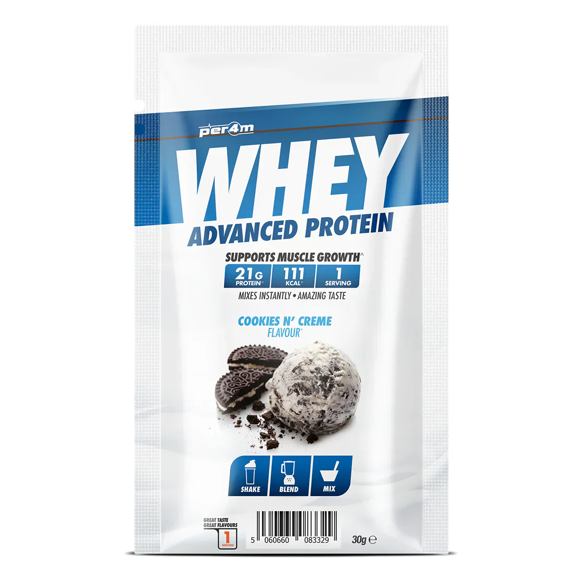 Single-serving Per4m Advanced Whey Protein Sachet with Cookies N Creme flavor for muscle gains