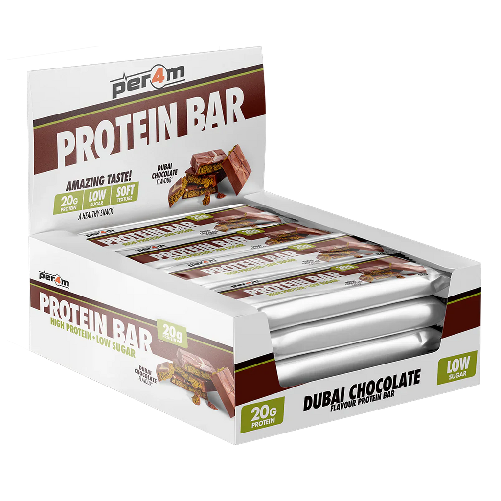 Dubai Chocolate flavored Per4m Protein Bar box showcasing tasty Per4m protein snack