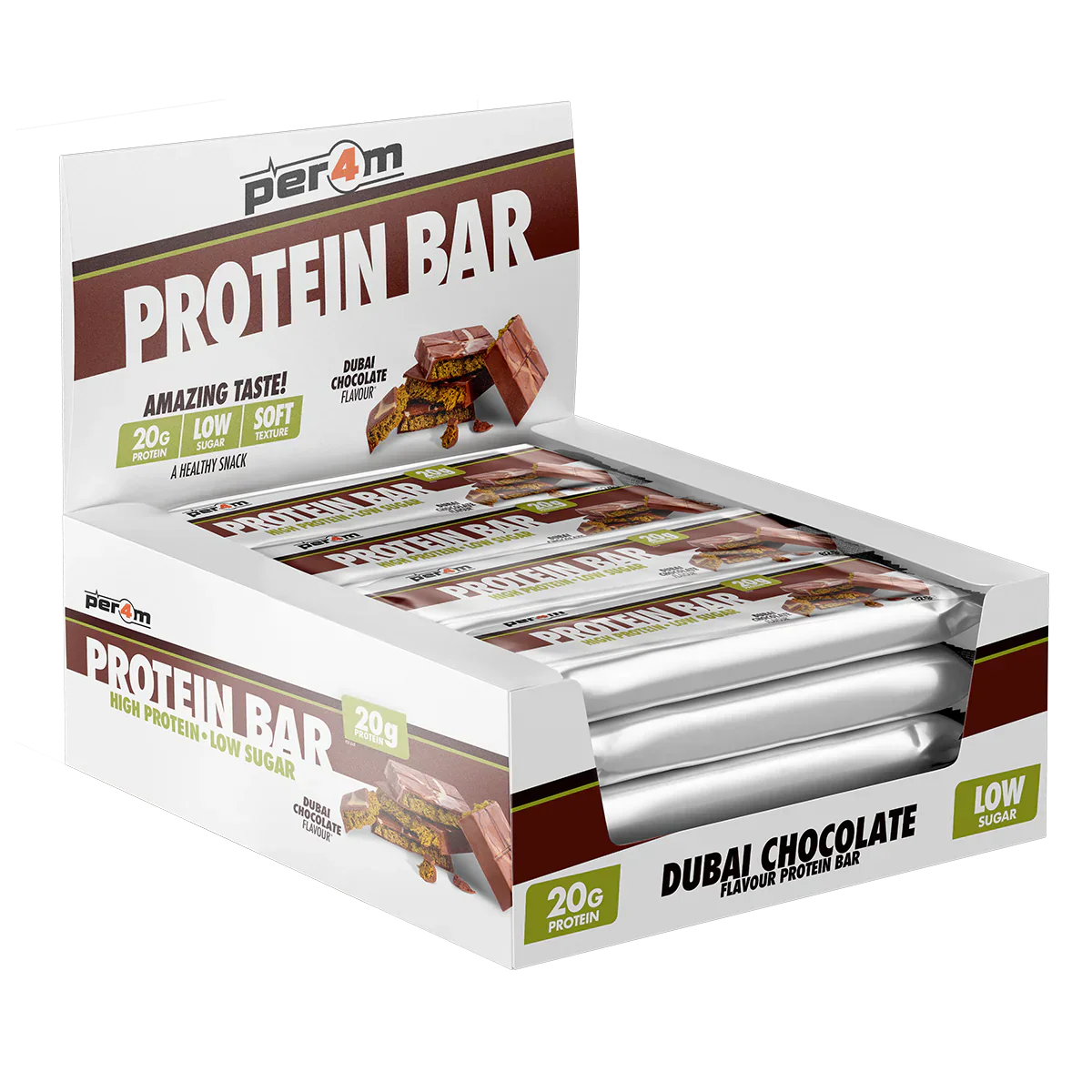 Dubai Chocolate flavored Per4m Protein Bar box showcasing tasty Per4m protein snack