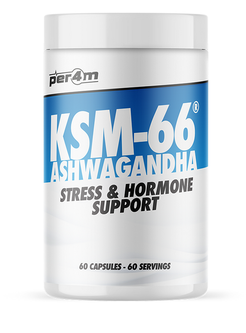 Per4m KSM-66 Ashwagandha bottle with 60 capsules for stress support and energy boost