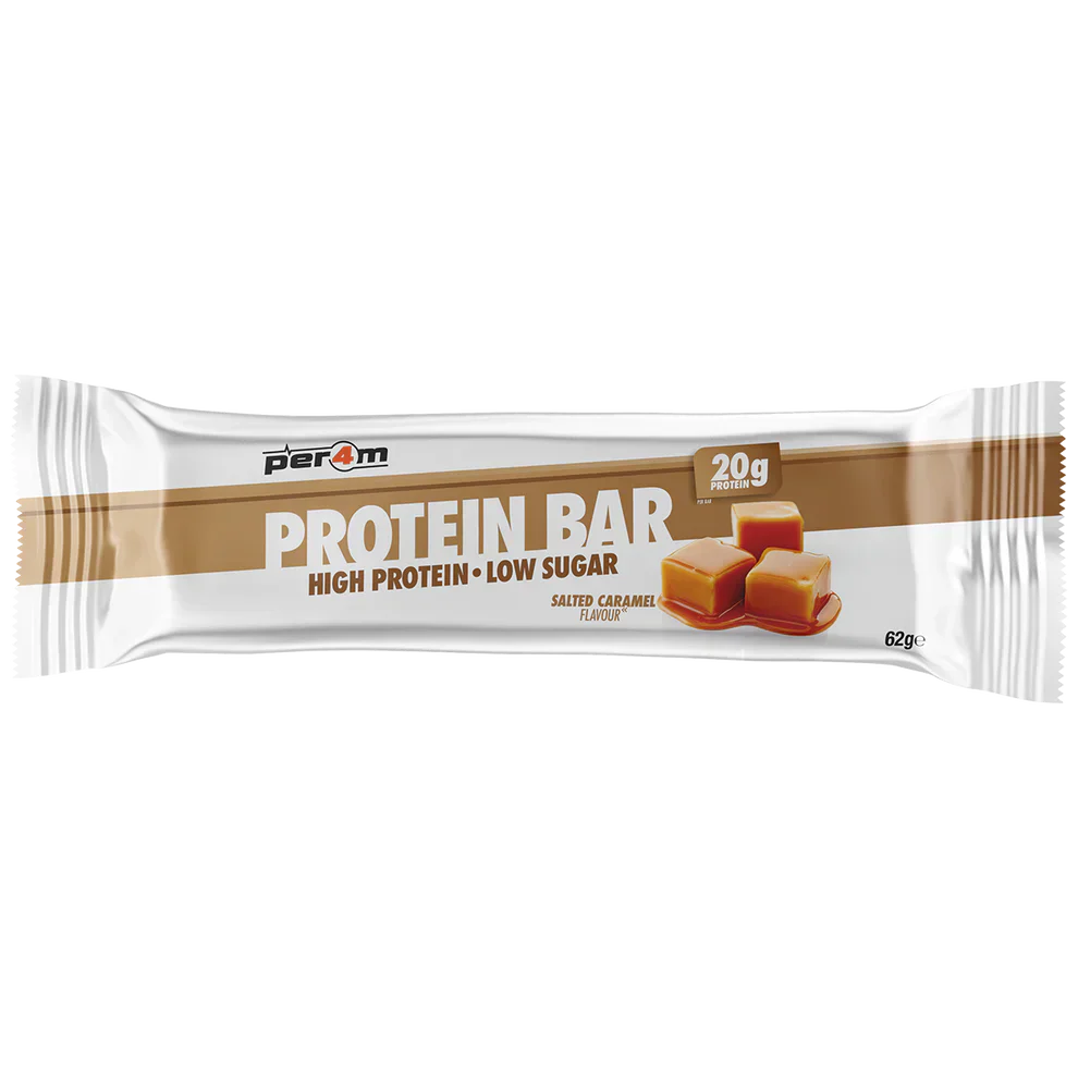 Per4m Protein Bar with white and brown salted caramel flavor, perfect for snacks