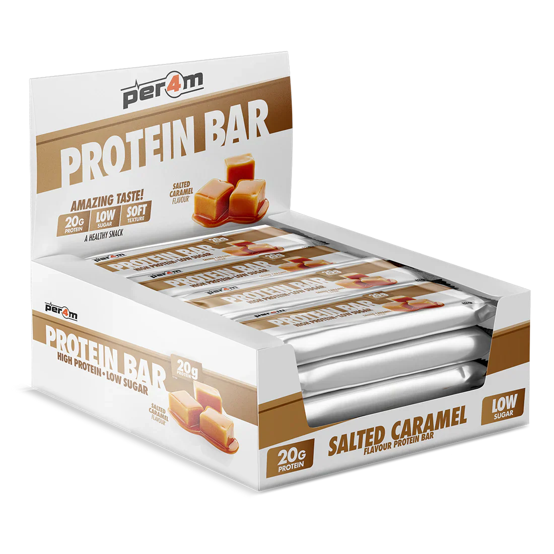 Box of salted caramel Per4m Protein Bar showing delicious Per4m protein snack