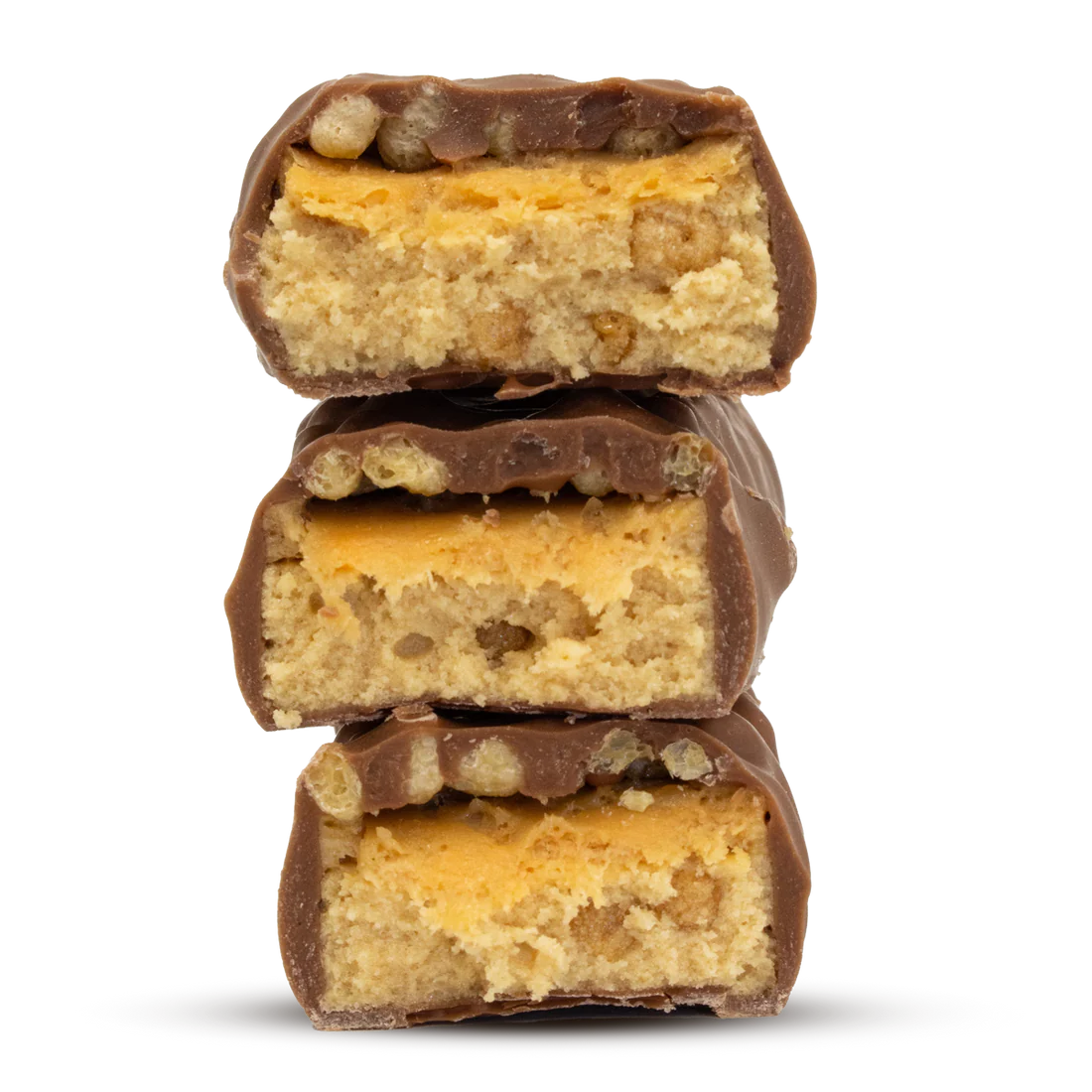 Three Per4m Protein Bars stacked with light-colored nougat and caramel filling