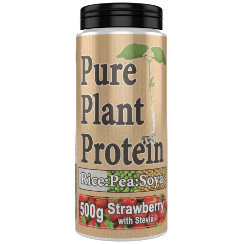 Strawberry-flavored Nutri Vegan Pure Plant Protein with complete amino acids in container
