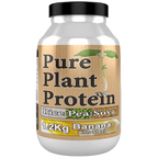 White and brown Nutri Vegan Pure Plant Protein container with banana flavor, complete amino acid