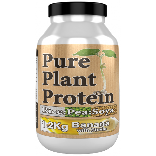 White and brown Nutri Vegan Pure Plant Protein container with banana flavor, complete amino acid
