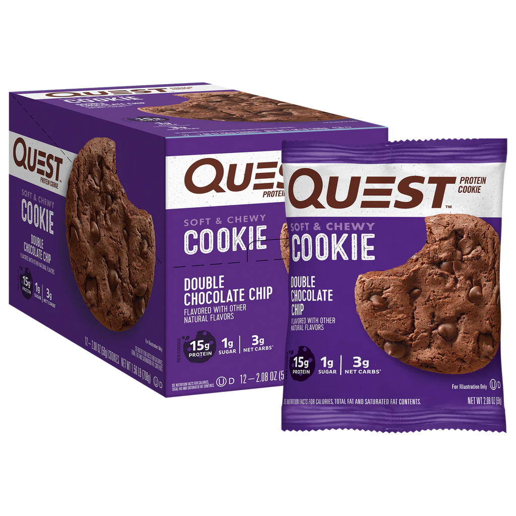 Quest Nutrition Cookie box with chewy white chocolate macadamia cookies and single wrapper