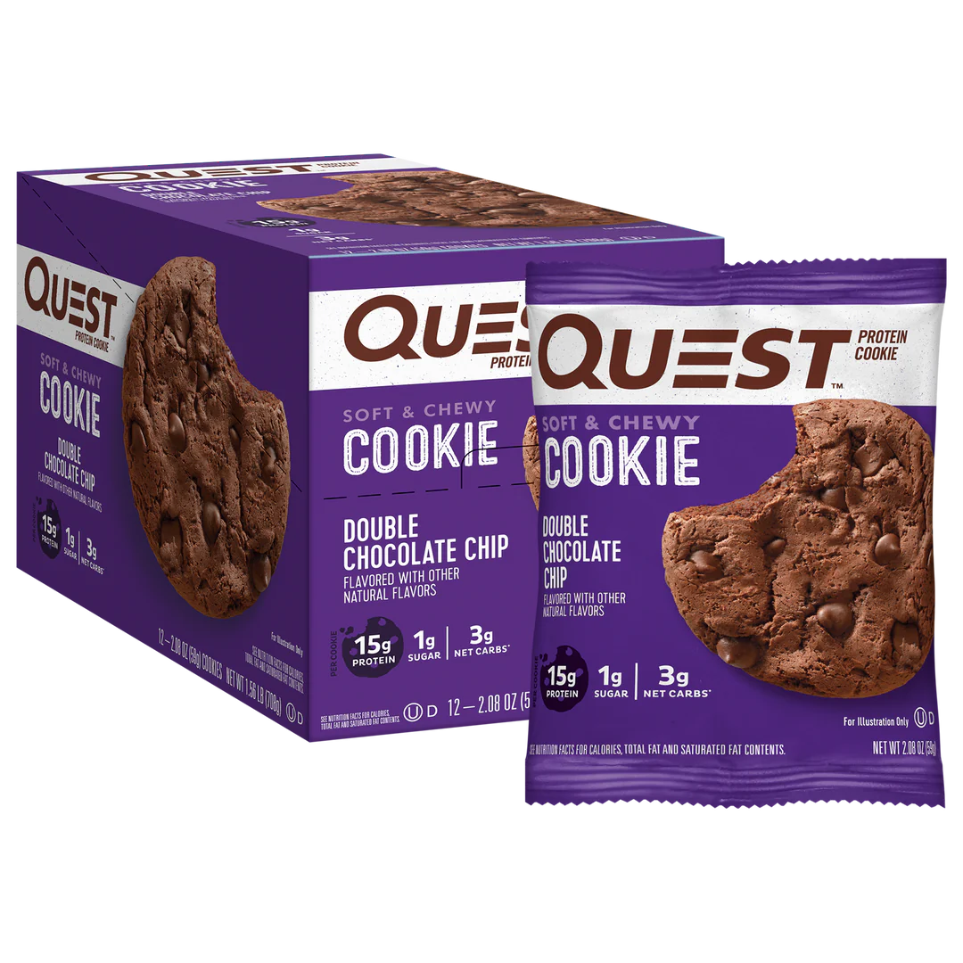Quest Nutrition Cookie box with chewy white chocolate macadamia cookies and single wrapper