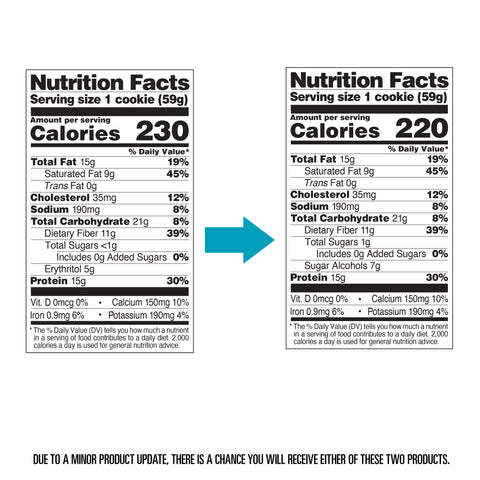 Two Quest Nutrition Cookies with white chocolate macadamia, showing calorie labels of 230 and 220