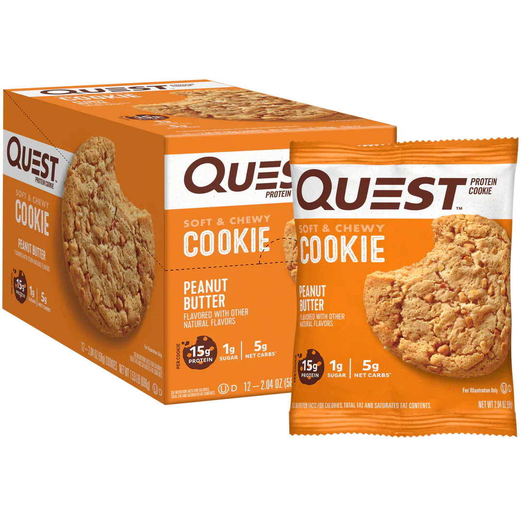 Quest Nutrition Cookie box with a chewy white chocolate macadamia cookie wrapper