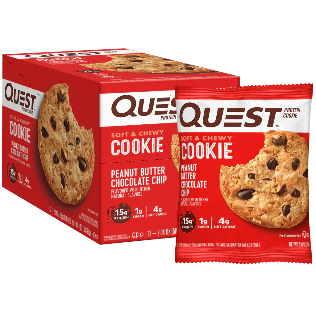 Quest Nutrition Cookie box with chewy white chocolate macadamia cookie wrapper in front
