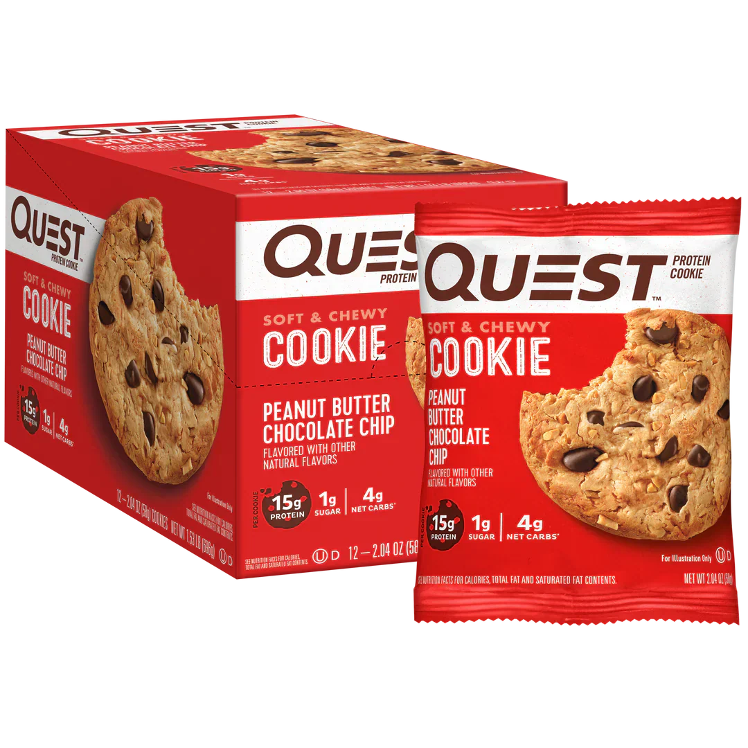 Quest Nutrition Cookie box with chewy white chocolate macadamia cookie wrapper in front
