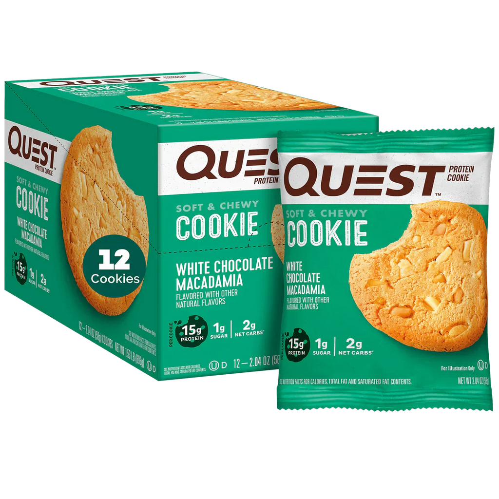Quest Nutrition Cookie box with white chocolate macadamia chewy cookie packet shown