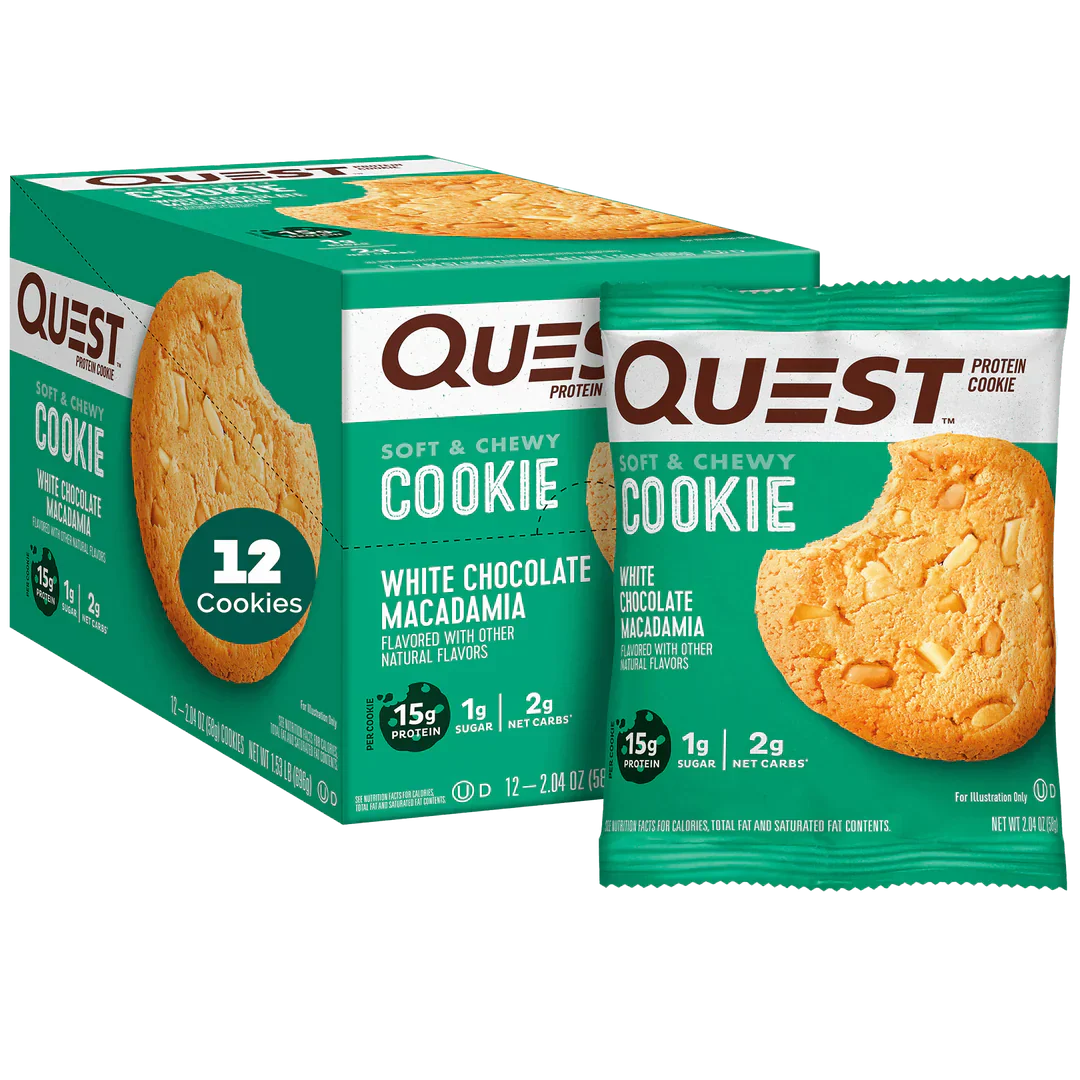 Quest Nutrition Cookie box with white chocolate macadamia chewy cookie packet shown