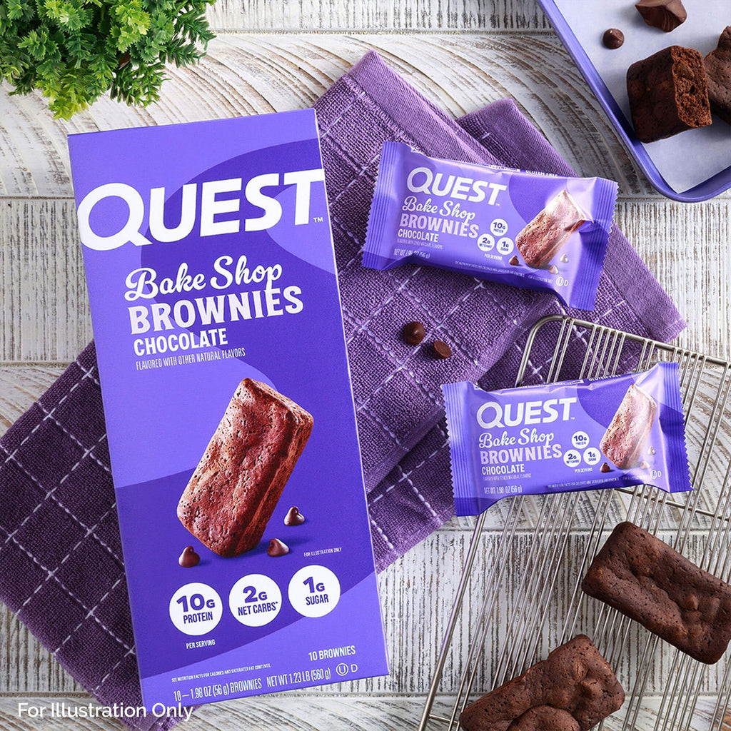 Quest Bake Shop chocolate brownies and bars with whey protein isolate in Quest Nutrition Brownie package