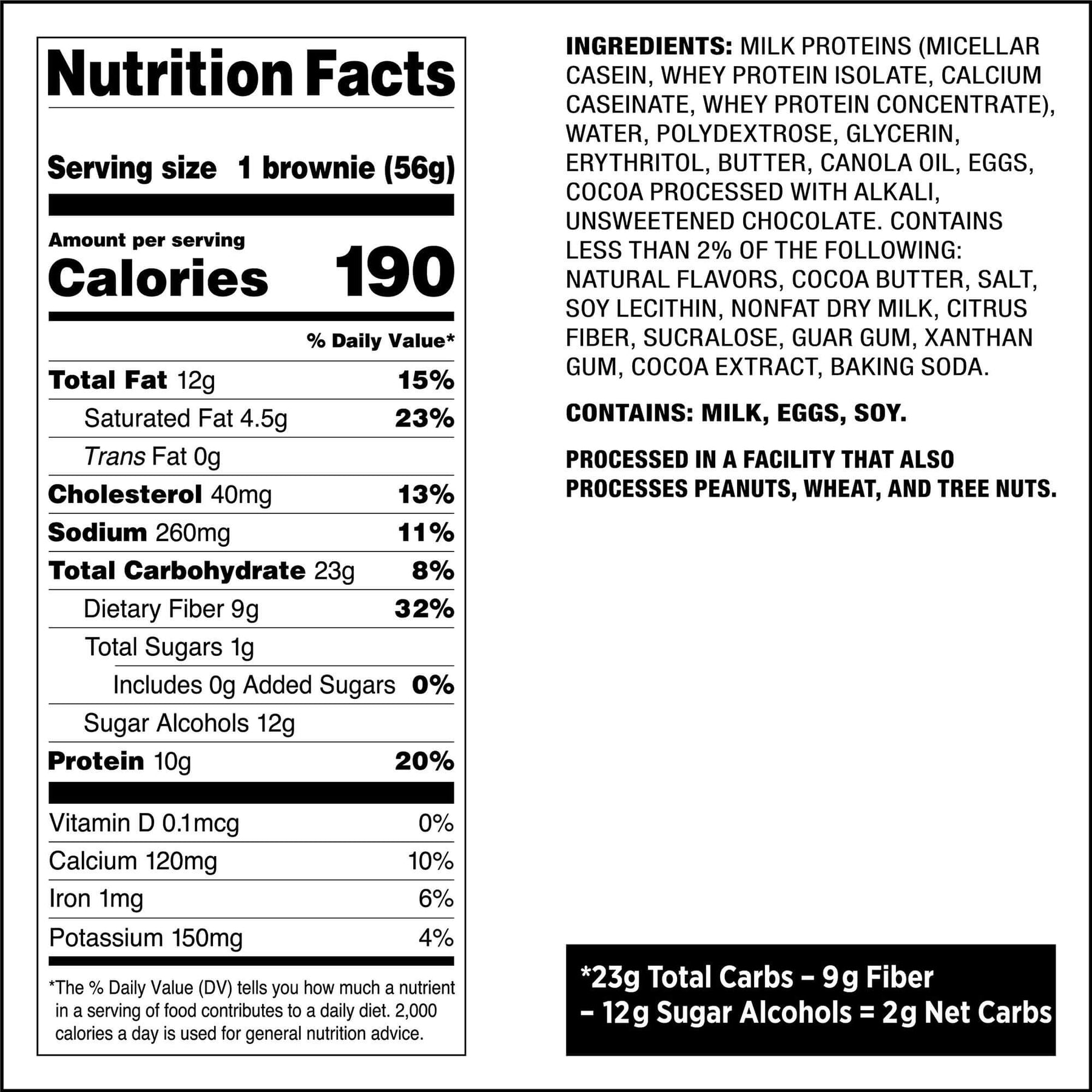 Nutrition label for Quest Nutrition Brownie with whey protein isolate from Quest Bake Shop