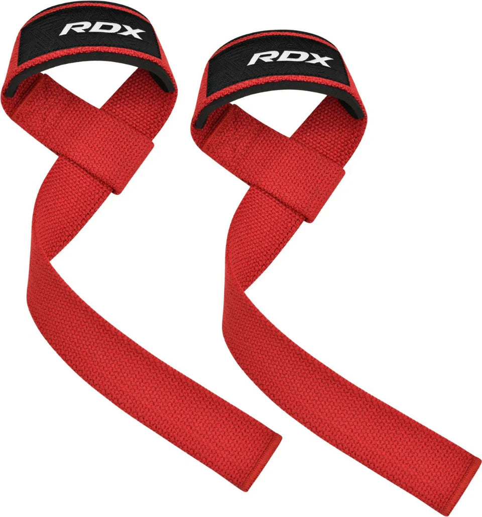 Red RDX training weight wrist straps with black and white branding and wicking properties