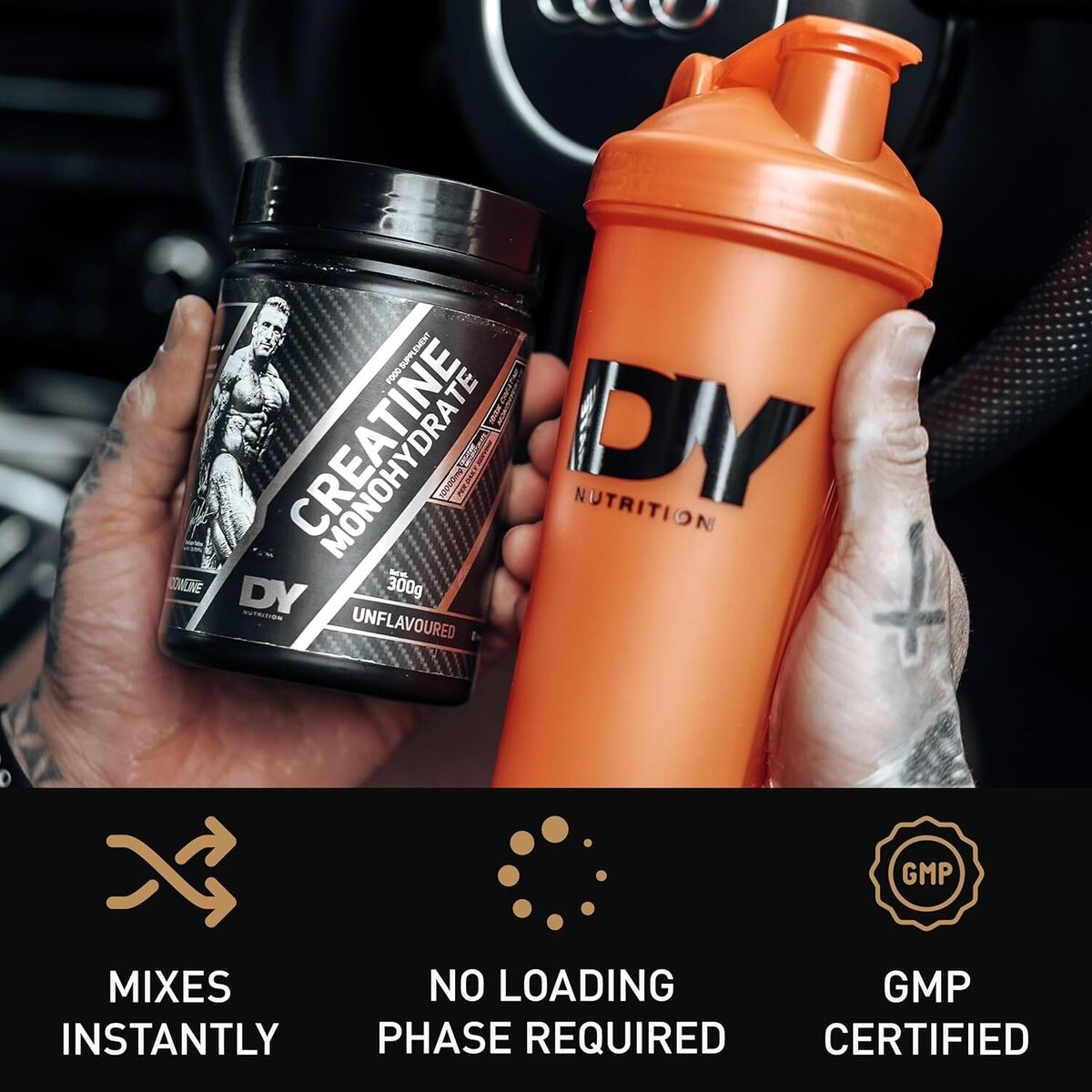 Dorian Yates Creatine monohydrate powder for muscle growth with shaker bottle