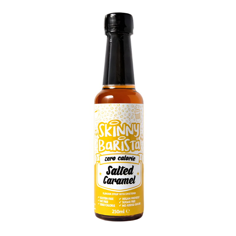 Bottle of sugar free coffee syrup with buttery caramel flavor from The Skinny Food Co