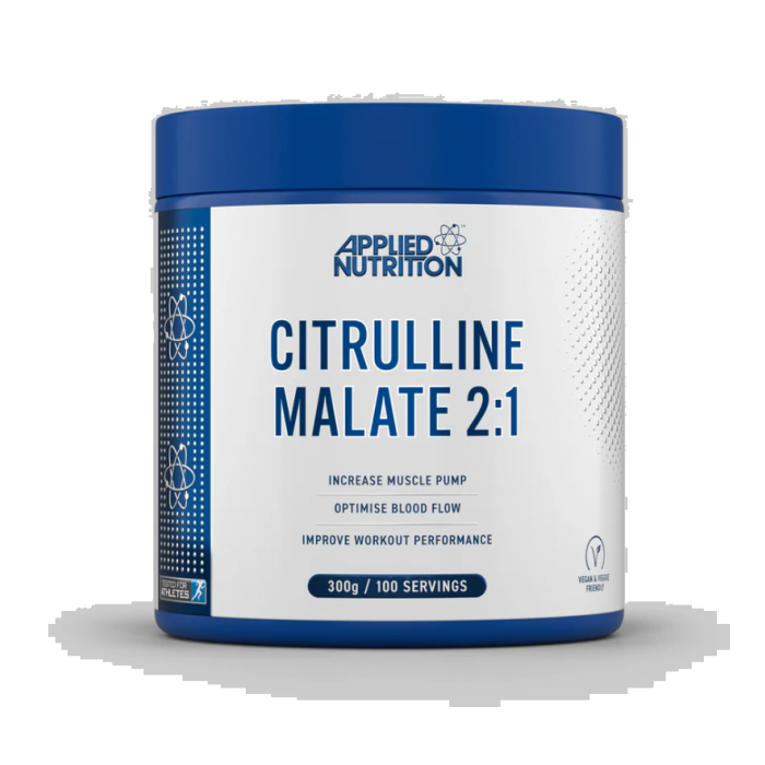 Blue and white Applied Nutrition Citrulline Malate container for workout performance and muscle recovery