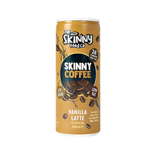 Golden Skinny Coffee can with Vanilla Latte branding, perfect for health-conscious coffee lovers