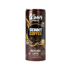 Brown can of Skinny Coffee hazelnut latte showing low sugar and low fat info for health-conscious coffee lovers