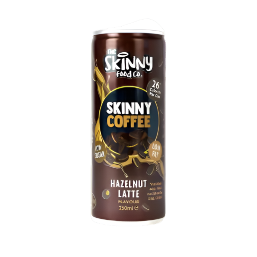 Brown can of Skinny Coffee hazelnut latte showing low sugar and low fat info for health-conscious coffee lovers