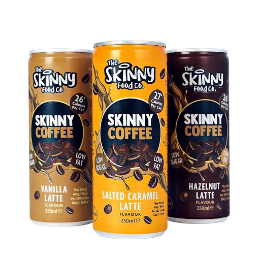 Three cans of The Skinny Food Co Skinny Coffee with vanilla, salted caramel, and hazelnut latte flavors, perfect for health-conscious coffee lovers