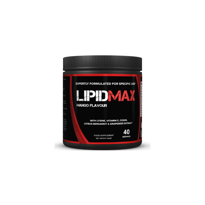 Black and red Strom Sports LipidMAX container with mango flavor for muscle recovery